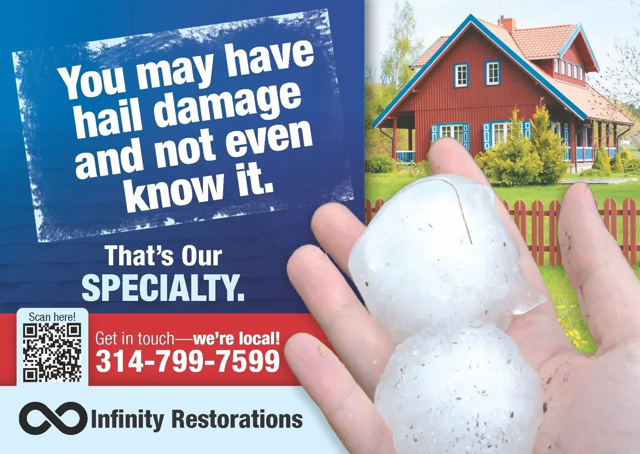 A hand holding large hailstones with a colorful house in the background, promoting hail damage restoration services.